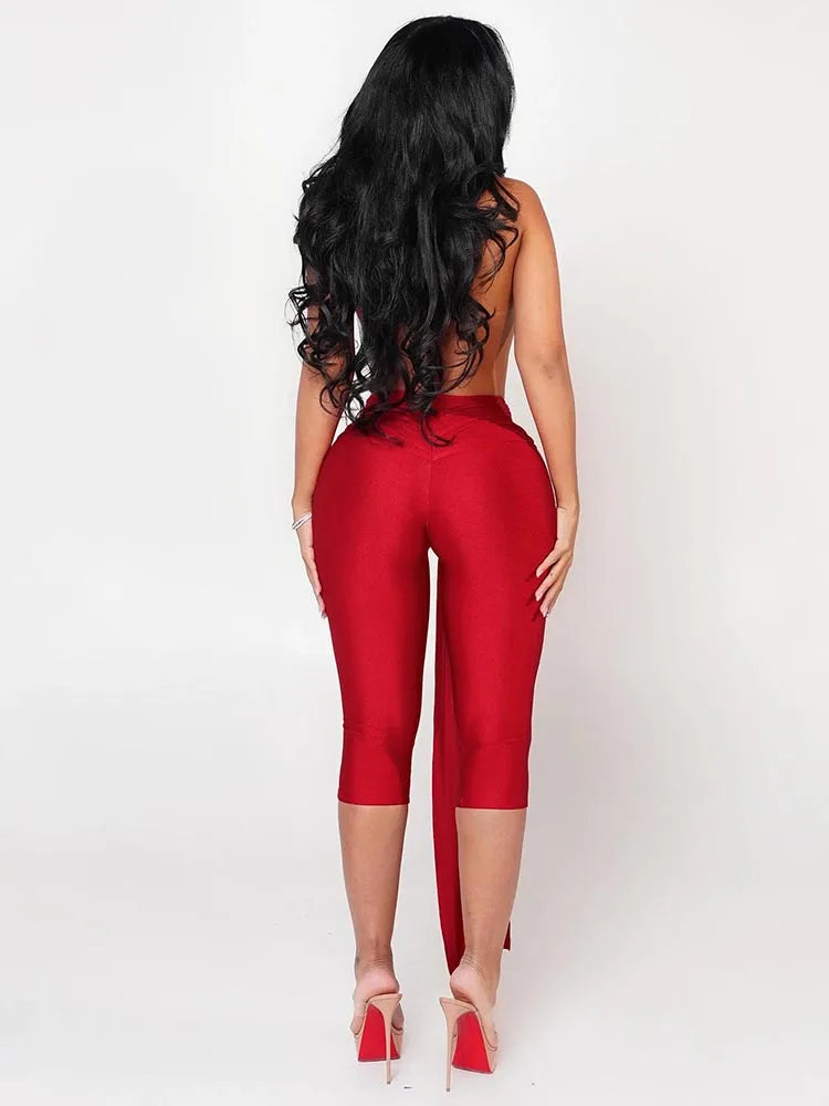 Sisterlinda Backless Halter Romper With Ribbon