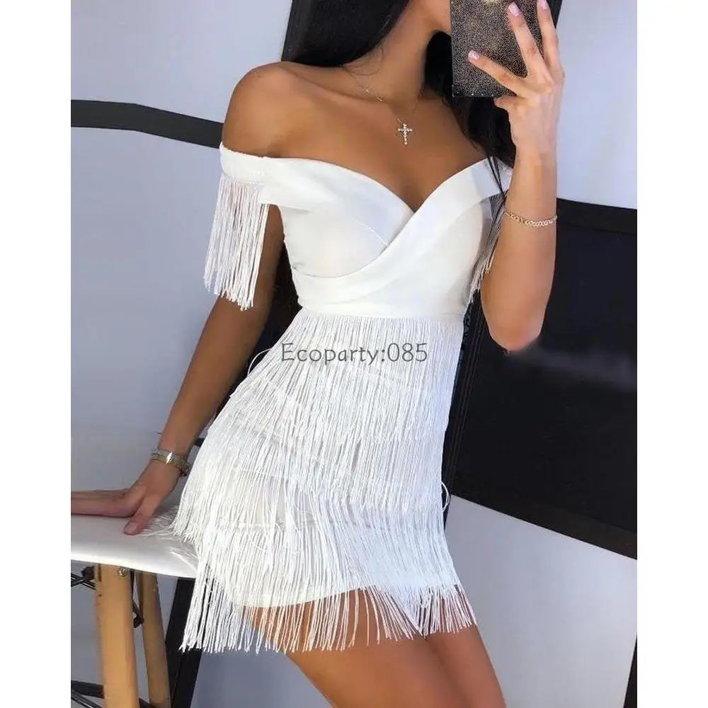 Sexy Off-Shoulder V-Neck Fringed Evening Dress