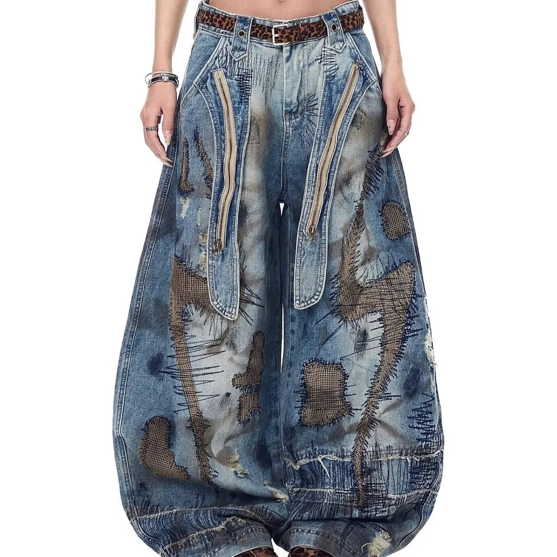Street Distressed  Wide  Curved Leg Baggy Jeans