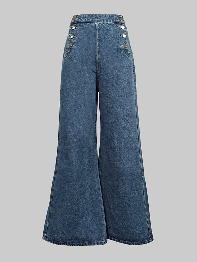 High Waisted Loose Buttoned Denim Wide Leg Flare Jeans