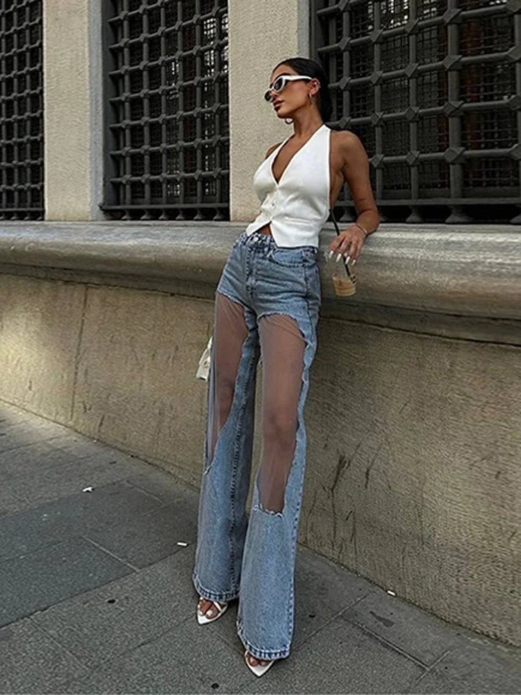 Hollowed Out Gradient Wide Leg Jeans
