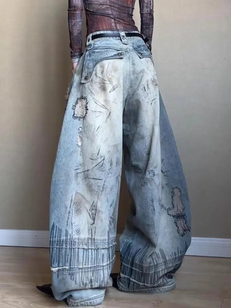 Street Distressed  Wide  Curved Leg Baggy Jeans