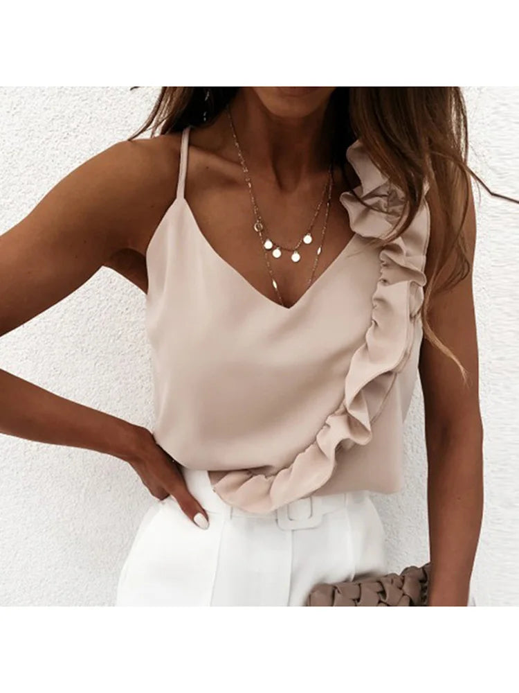 Sexy V Neck Spaghetti Strap Ruffle Backless Blouse