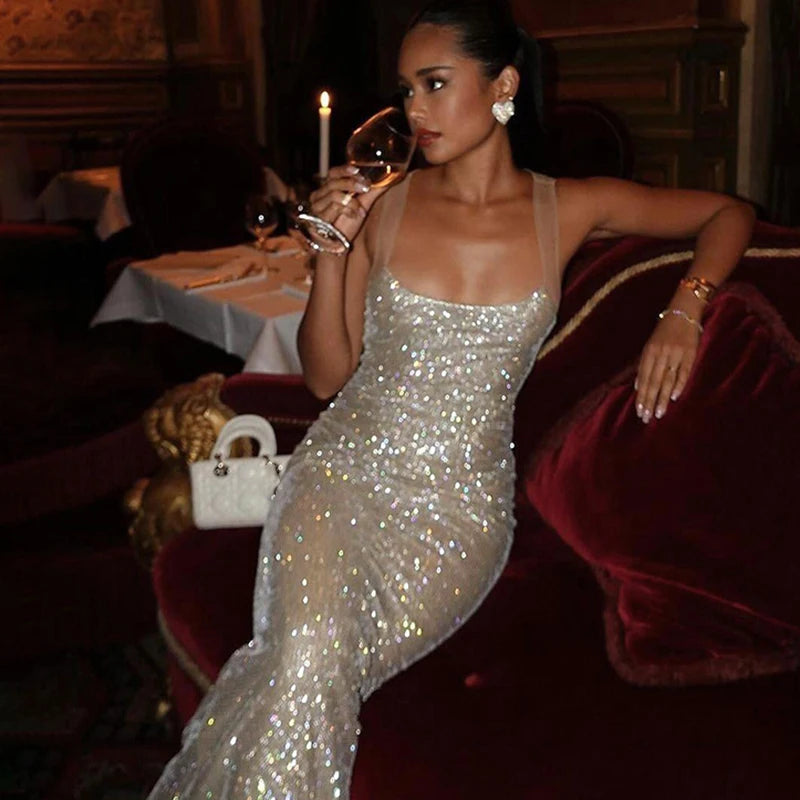 Shiny V Neck Sequin Cocktail Dress Fashion Hollow Sleeveless Split Long Dress