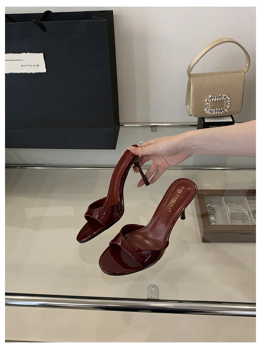 Mule Patent Leather Thin Open Toe High Heel Slides