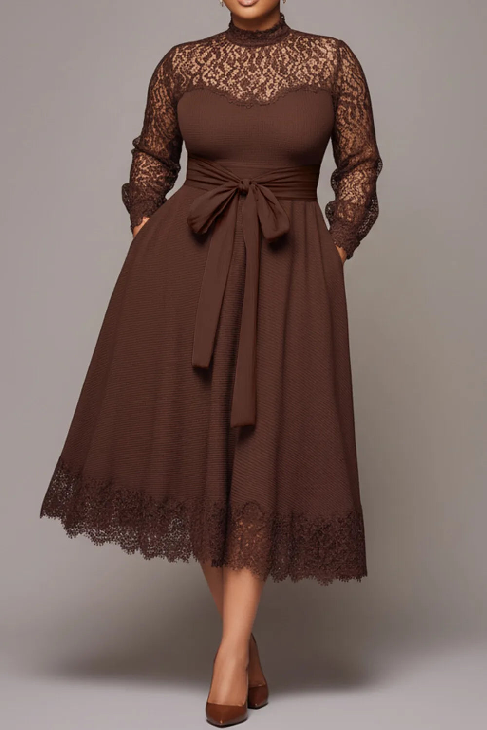 Business Casual Brown Pocket Lace Midi Dress