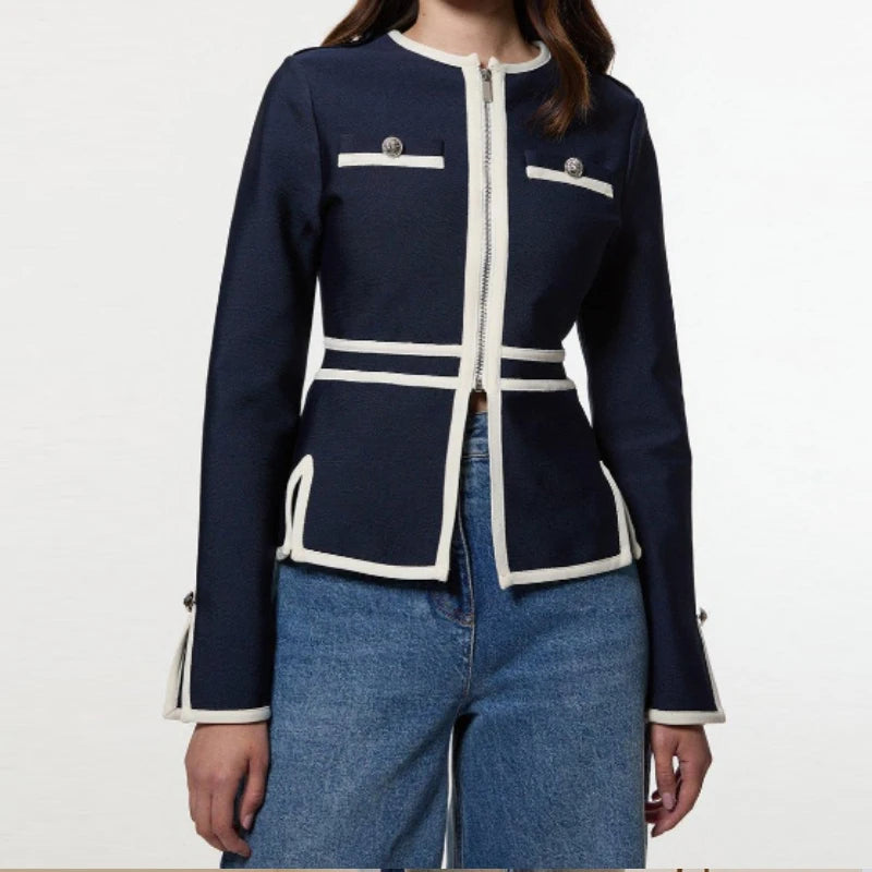 Round-neck Striped Buttoned Zipper  Sweater Jacket