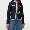 Round-neck Striped Buttoned Zipper  Sweater Jacket