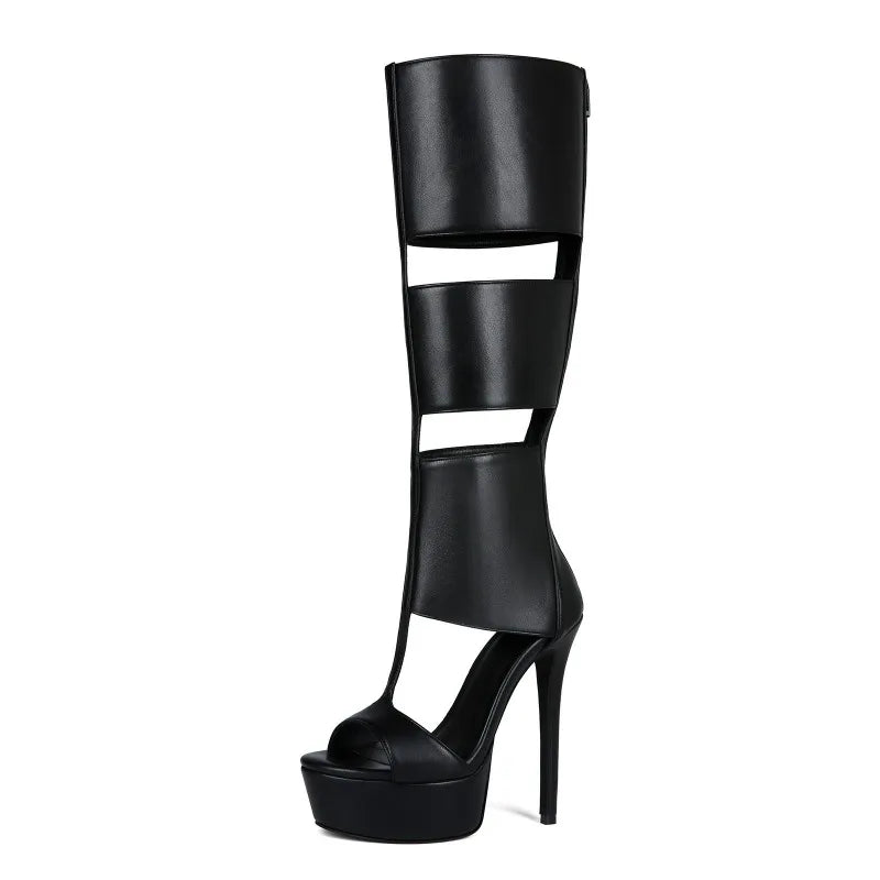 Belted Peep Toe Black Gladiator Stiletto Boots