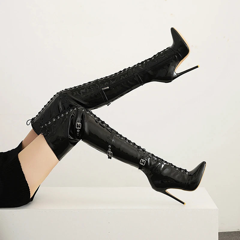 Patent Leather Thin Cross Tied Over The Knee Boots