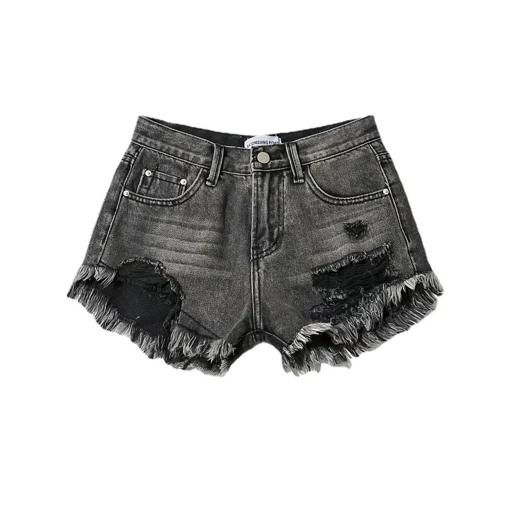 Denim Washed High Waist Hole Spliced Shorts