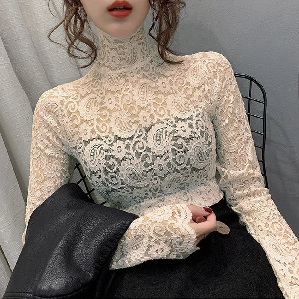 Transparent Lace Stretch Turtleneck Petal Sleeve Blouse