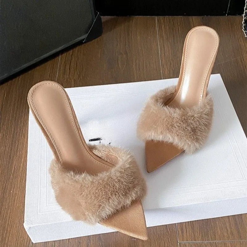 Baotou High-heeled Versatile Pointed Toe Half Slippers