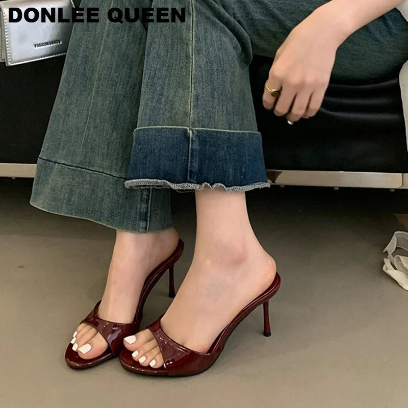Mule Patent Leather Thin Open Toe High Heel Slides