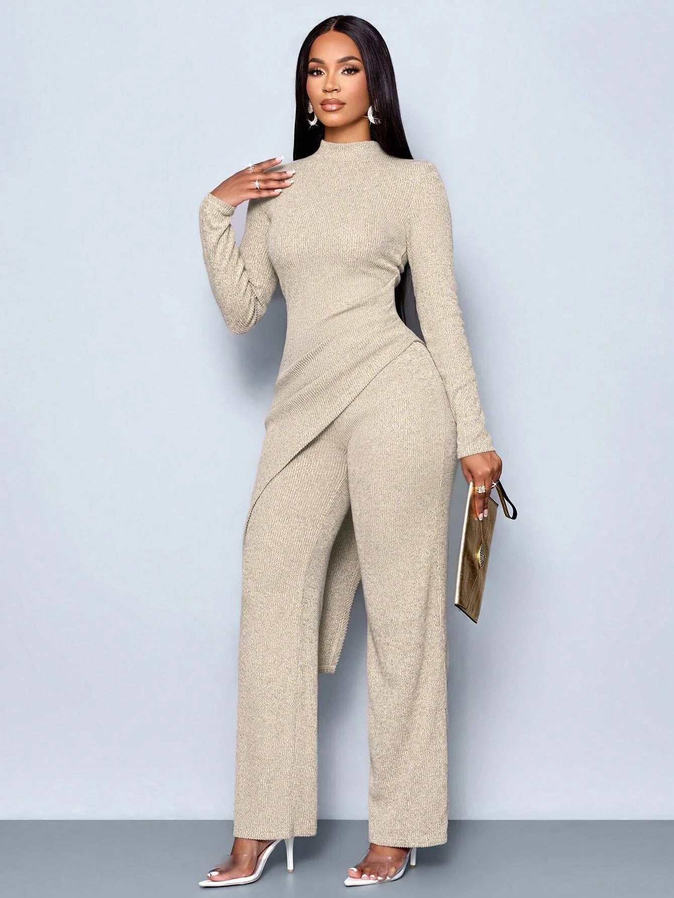 Asymmetric High-neck Pants Set